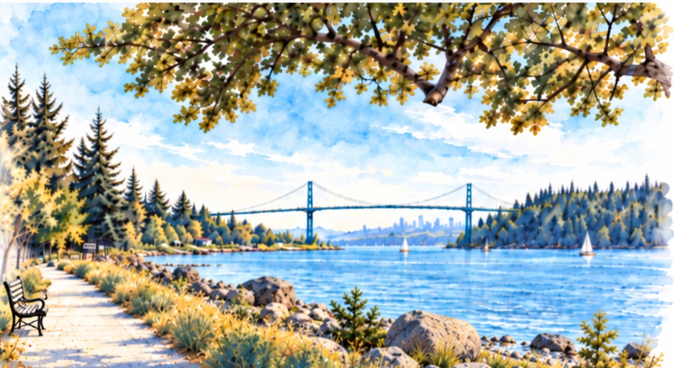 Watercolour illustration of a West Vancouver waterfront path with Lions Gate Bridge in the distance