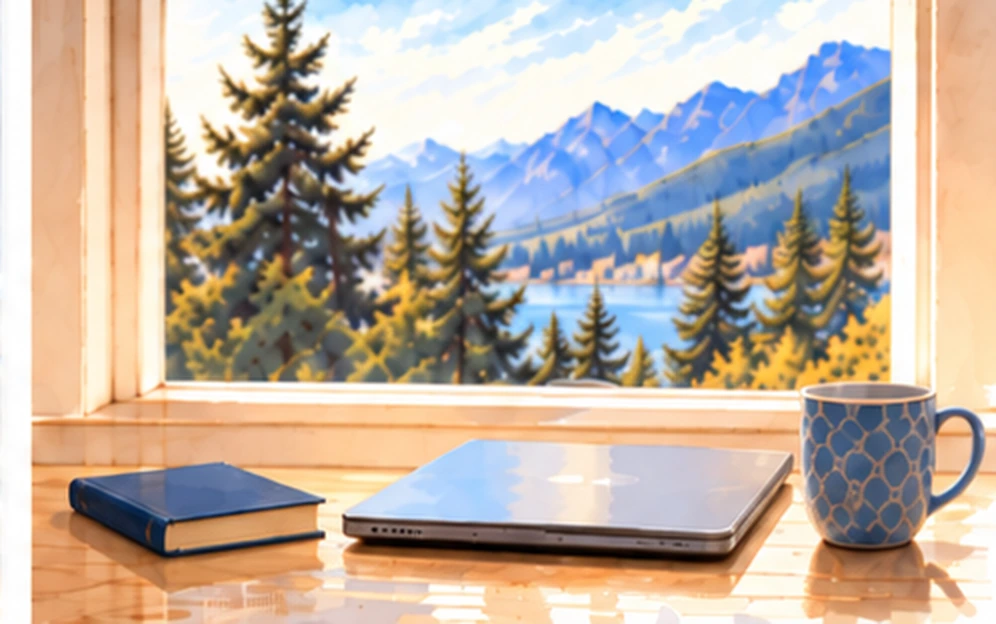 Quiet study desk overlooking water and mountains