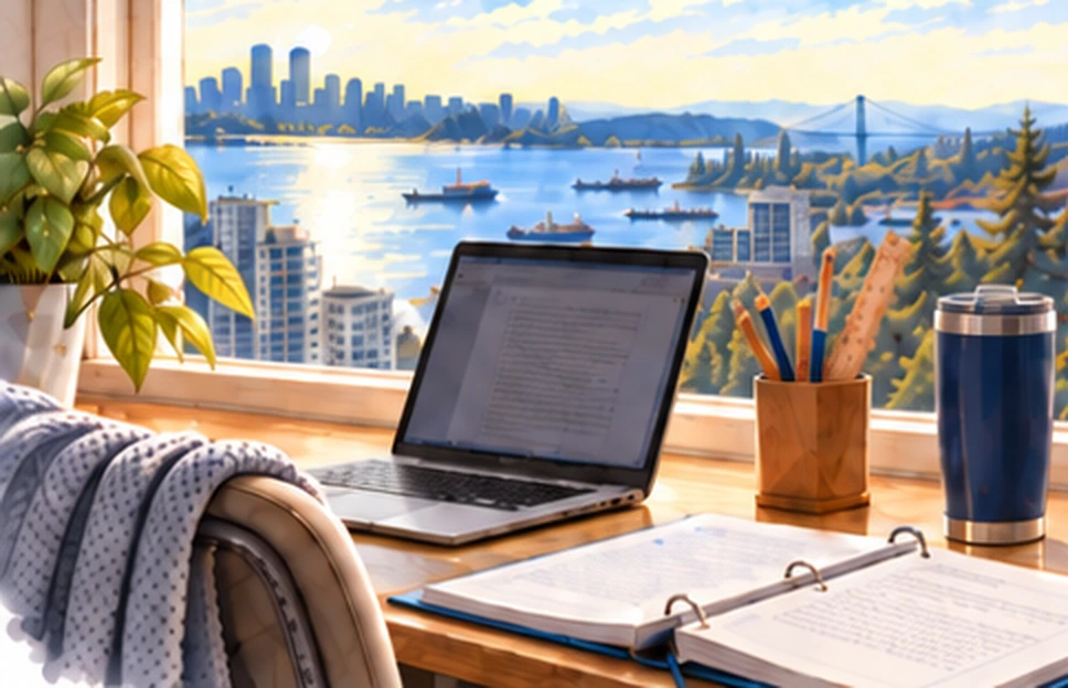 Student workspace overlooking Vancouver
